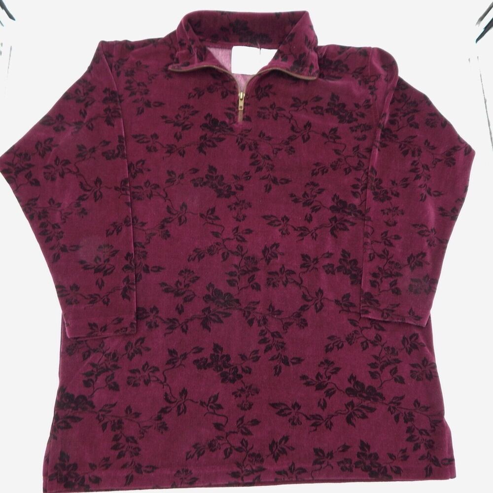 Erika & Company Casual Clothing Velour Pullover Wine Floral Black Print Sz M